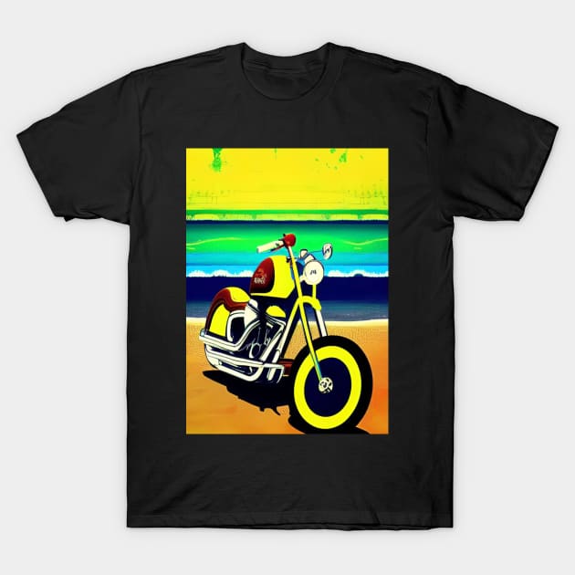 YELLOW SURREAL RETRO MOTORCYCLE ON THE BEACH T-Shirt by sailorsam1805